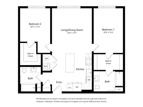 A floor plan of a house with two bedrooms, a living/dining room, a kitchen, two bathrooms, an entry, a patio, and a walk-in closet.